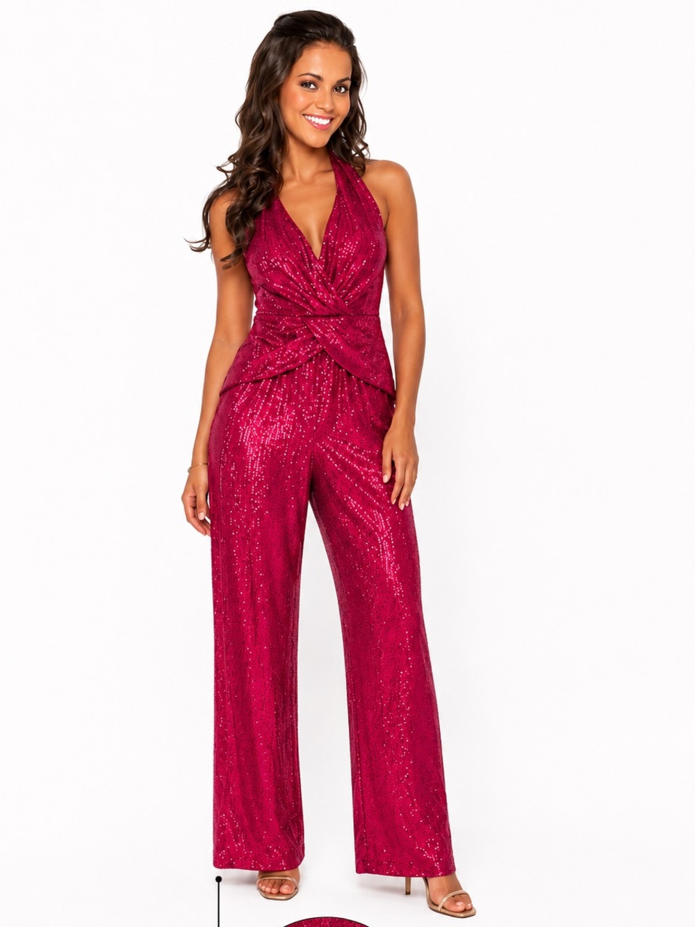 Fuchsia Sequin Halter Jumpsuit Wedding Guest Glam Party M NWT
